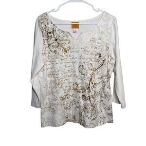 Ruby Rd Top V-Neck 3/4 Sleeve Embellished Womens Large L White Abstract Print